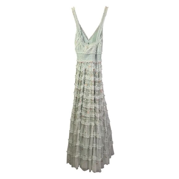 Mac Duggal Tiered Ruffle Cross-Back Smock-Waist Floral Embroidered Gown - Picture 11 of 12